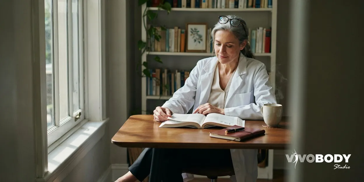 Clinician in a white coat reading a medical journal at a desk
