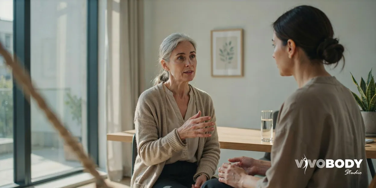 Woman in her fifties talking with a practitioner across a consultation desk