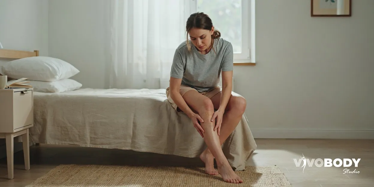 Woman sitting on a bed examining the skin on her lower leg
