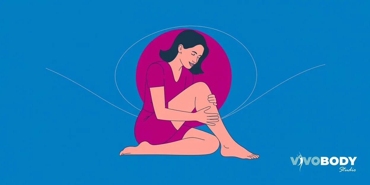 Woman sitting with one leg drawn up running a hand along her shin