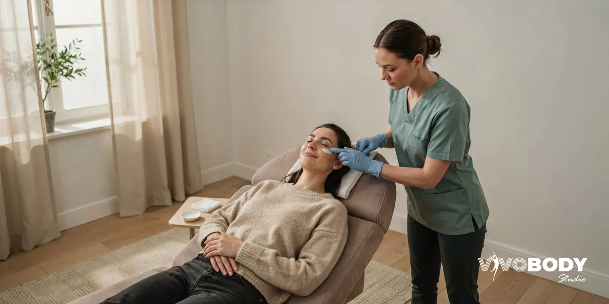 Practitioner in gloves applying numbing cream to a woman's cheek before treatment