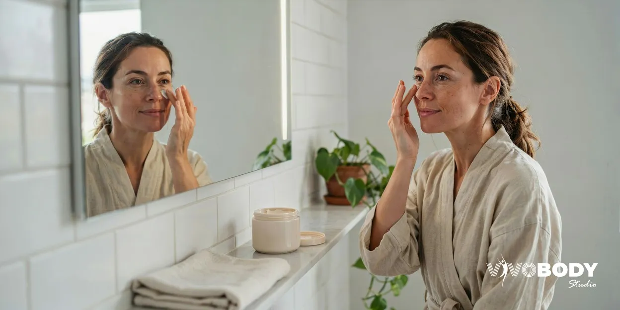 Woman in her forties applying moisturiser at a bathroom mirror