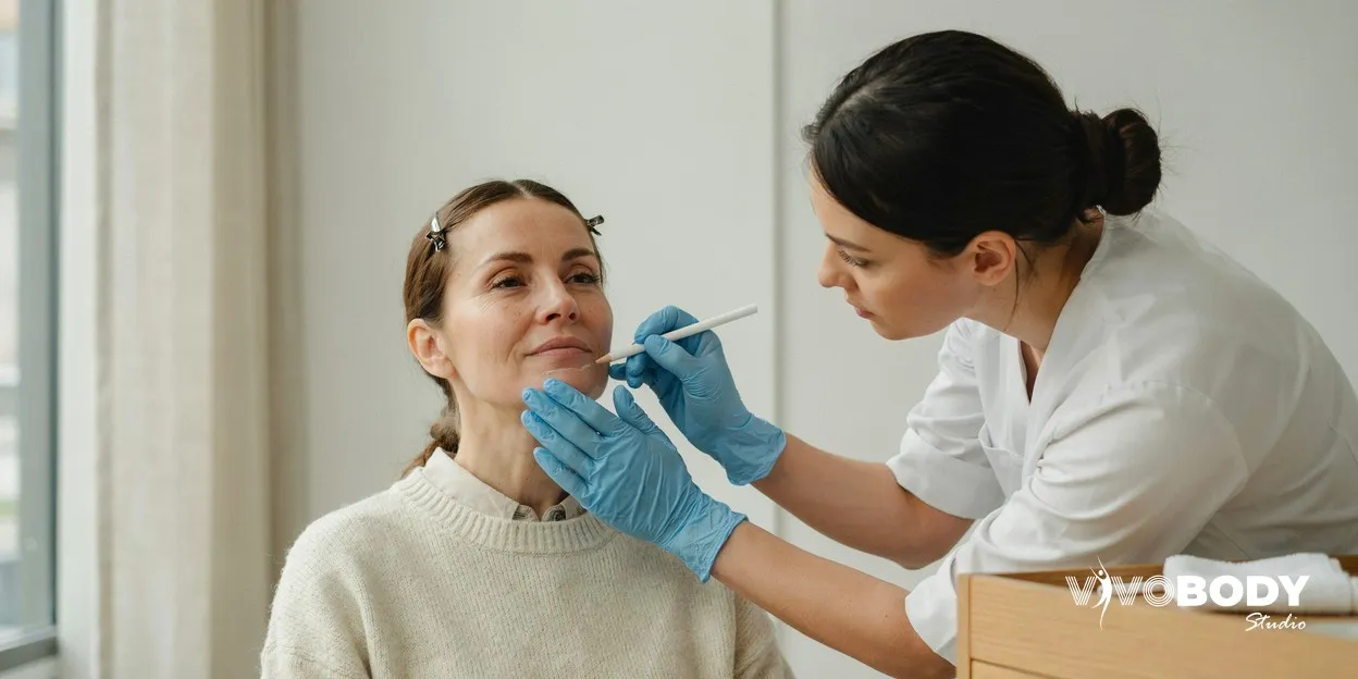 Practitioner marking treatment lines along a woman's jawline with a white cosmetic pencil