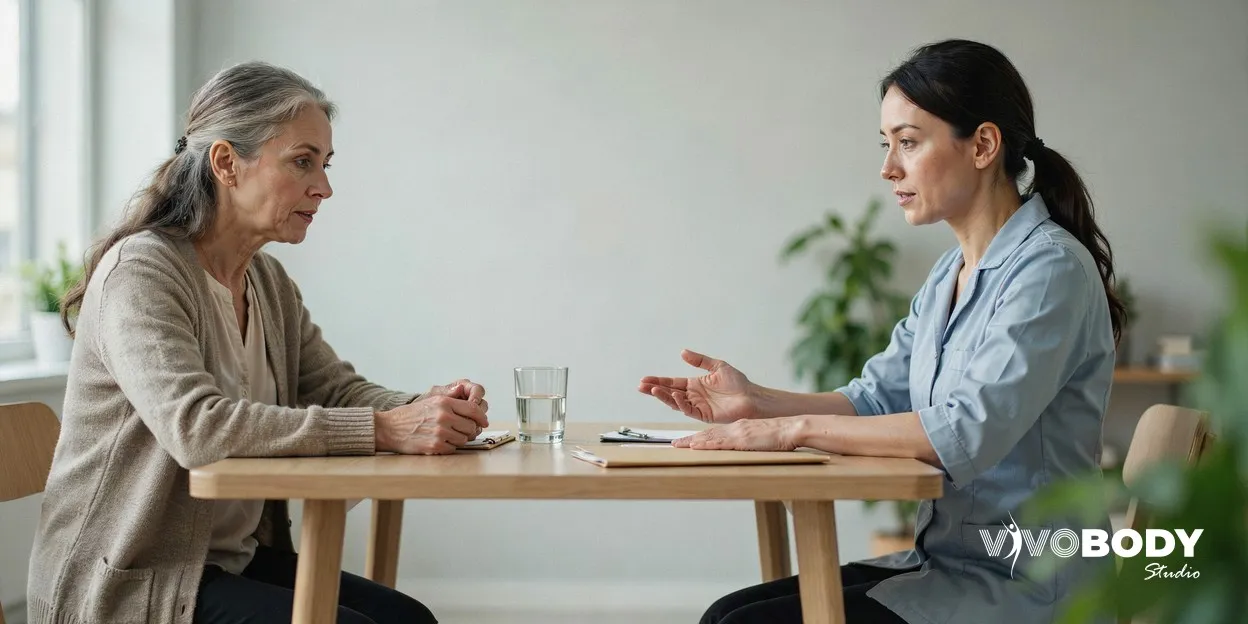 Woman in her fifties talking with a practitioner across a desk during a consultation